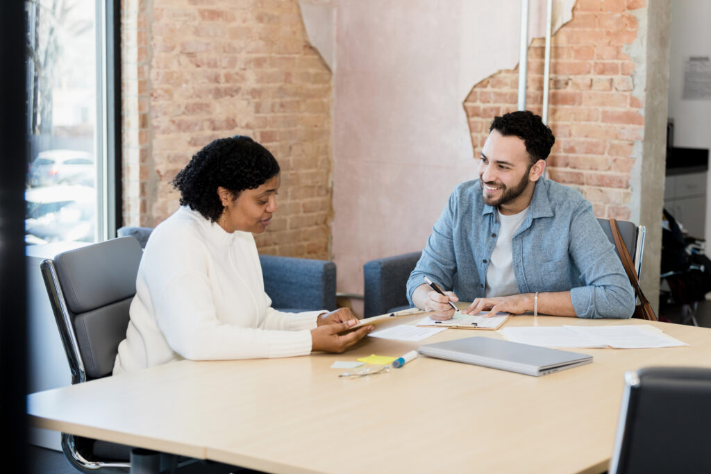 Two people working together
